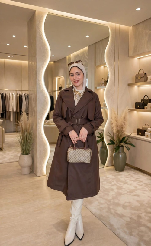 Velvet woman wearing a brown trench coat in an elegant boutique